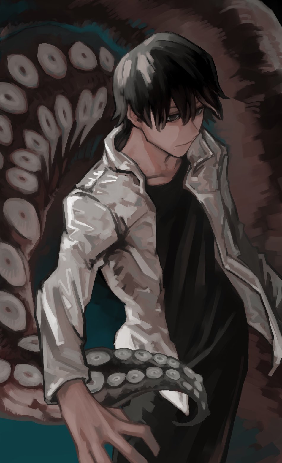 1boy, 2_mannaka, black_eyes, black_hair, black_pants, black_shirt, chainsaw_man, closed_mouth