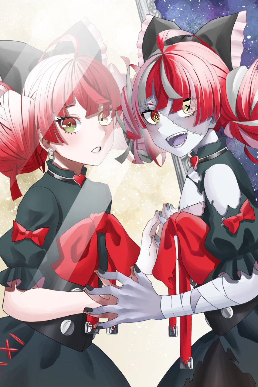2girls, @_@, aboreen, against_mirror, ahoge, black_nails, blunt_ends, bow, bustier, choker, colored_skin, corset, different_reflection, double_bun, dress, earrings, flat_chest, floating_earrings, frilled_bow, frills, full-length_mirror, green_dress, grey_hair, grey_skin, grin, hair_bow, hair_bun, heart, heart_choker, heterochromia, highres, hololive, hololive_indonesia, holoro, jewelry, kureiji_ollie, kureiji_ollie_(living), looking_at_viewer, mirror, multicolored_eyes, multicolored_hair, multiple_girls, nail_polish, open_mouth, palms_together, parted_lips, patchwork_skin, pull_tab, red_bow, red_hair, reflection, sharp_teeth, single_earring, sky, smile, star_(sky), starry_sky, stitches, symbol-shaped_pupils, teeth, torn_clothes, torn_dress, two-tone_hair, virtual_youtuber, yellow_eyes, zombie