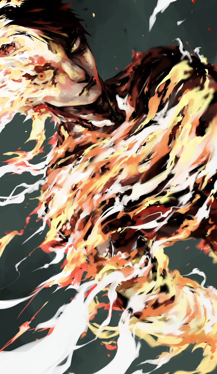 1boy, 2_mannaka, agni_(fire_punch), black_hair, burning, fire_punch, highres, on_fire