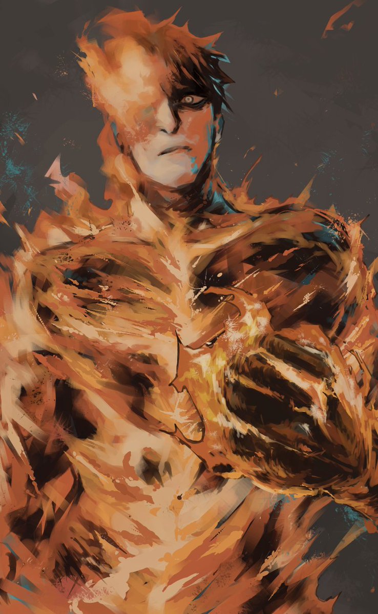 1boy, 2_mannaka, agni_(fire_punch), black_hair, burning, clenched_hand, fire, fire_punch