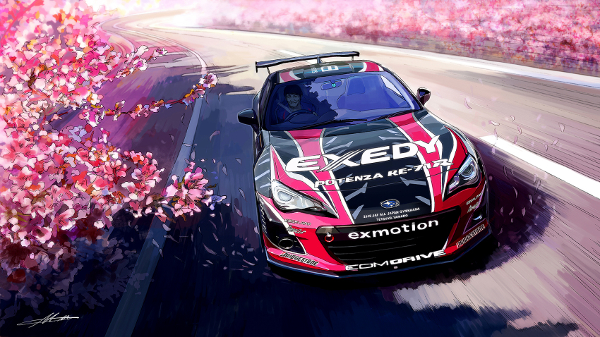 1boy, artist_name, branch, car, cherry_blossoms, driving, highres, m.m_(chosuke320)