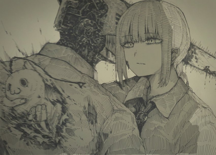 1boy, 1girl, ate5424, bleeding, blood, blood_on_face, braid, chainsaw