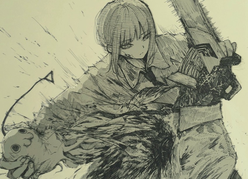 1boy, 1girl, ate5424, bleeding, blood, blood_on_face, braid, chainsaw, chainsaw_man, collared_shirt, denji_(chainsaw_man), guro, jacket, long_hair, makima_(chainsaw_man), necktie, organs, pochita_(chainsaw_man), ponytail, ripping_heart_out, ripping_organs_out, sharp_teeth, shirt, teeth, unusual_pupils