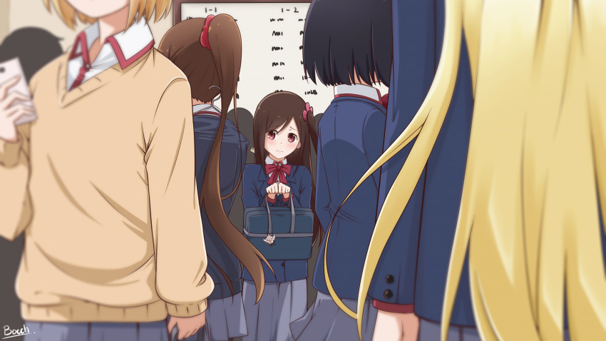 5girls, bag, blazer, blue_jacket, blurry, blush, bow, bowtie