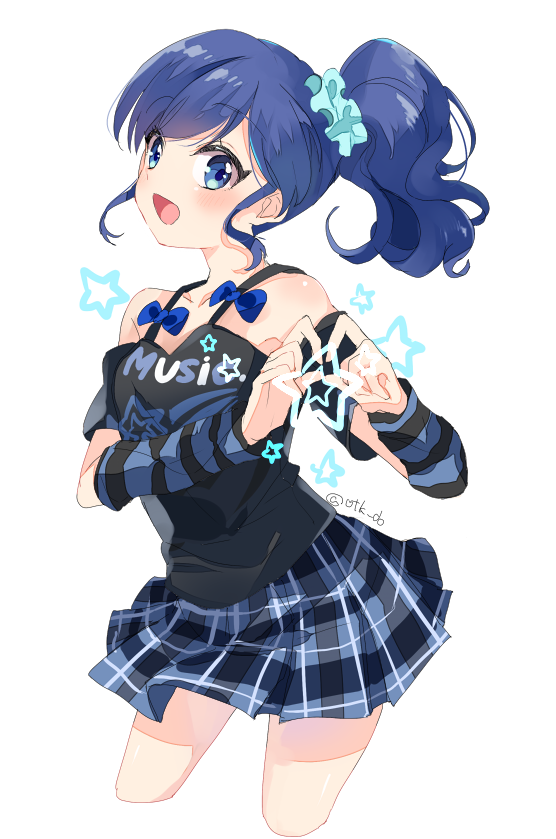 1girl, aikatsu!, aikatsu!_(series), black_shirt, blue_eyes, blue_hair, blue_scrunchie, blue_skirt