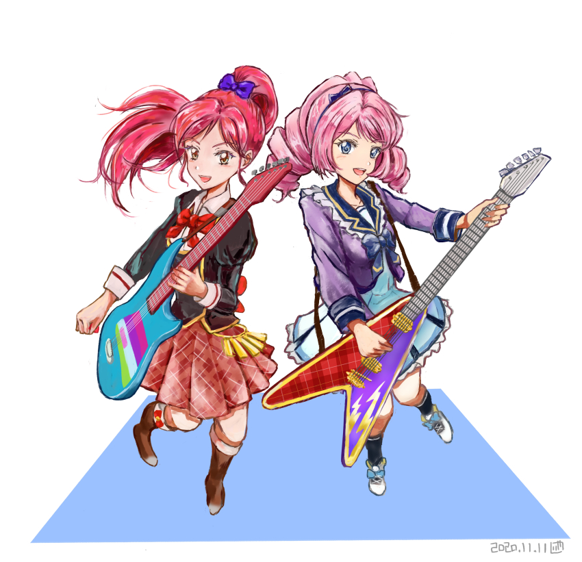 2girls, absurdres, aikatsu!, aikatsu!_(series), aikatsu_stars!, bow, drill_hair, guitar, headband, highres, instrument, kajiyason, kneehighs, leaning_forward, leg_up, long_hair, looking_at_viewer, multiple_girls, open_mouth, otoshiro_seira, pink_hair, ponytail, red_hair, sakuraba_laura, school_uniform, smile, socks