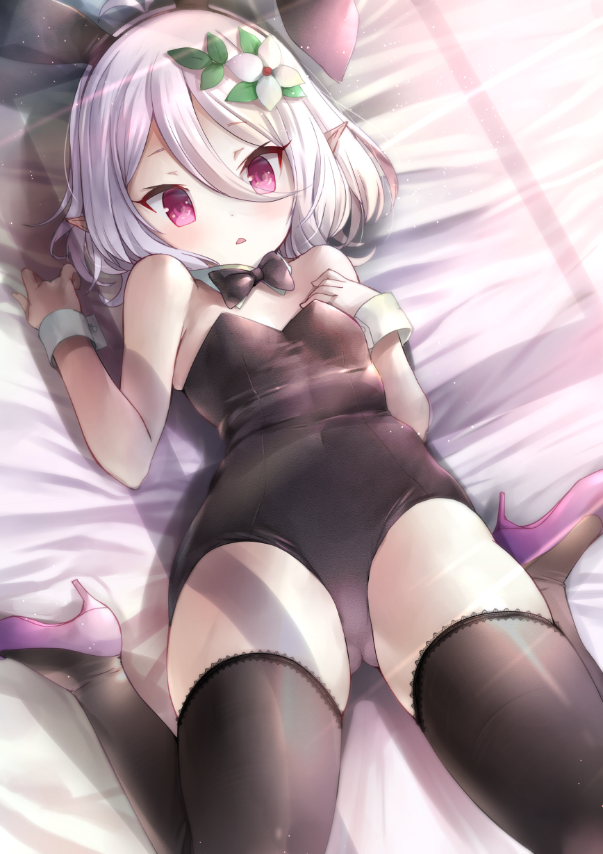 1girl, ahoge, animal_ears, bare_shoulders, bed_sheet, black_thighhighs, blush, breasts
