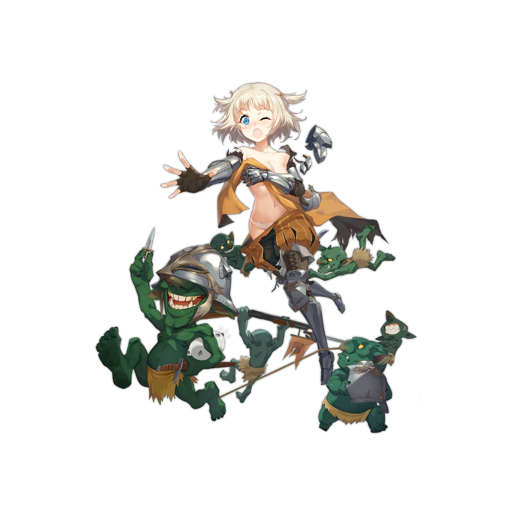 1girl, 6+boys, armor, armored_boots, artist_request, bayonet, bird, blonde_hair, blue_eyes, boots, breastplate, chasing, unworn_clothes, covering_privates, covering_breasts, dagger, damaged, female_knight, gauntlets, girls'_frontline, goblin, goblin_male, gun, helmet, kidnapping, knife, knight, laughing, loincloth, m1897_(girls'_frontline), m1897_(sentinel_of_the_sky)_(girls'_frontline), multiple_boys, official_alternate_costume, official_art, pump_action, running, shotgun, sword, theft, transparent_background, weapon, winchester_model_1897