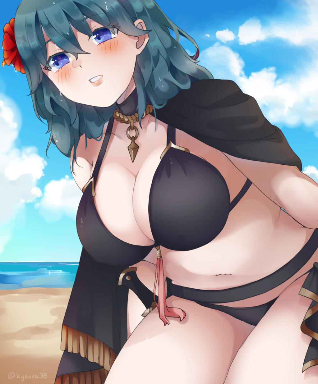 1girl, bare_legs, bikini, black_bikini, blue_eyes, blush, breasts, female_byleth_(fire_emblem), female_byleth_(summer)_(fire_emblem), cape, cleavage, fire_emblem, fire_emblem:_three_houses, fire_emblem_heroes, flower, hair_flower, hair_ornament, highres, kyousa38, large_breasts, medium_hair, nintendo, official_alternate_costume, solo, swimsuit, thighs