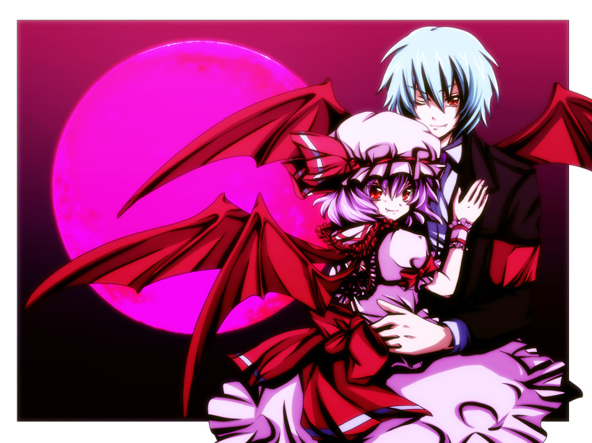 1boy, 1girl, bad_id, bad_pixiv_id, bat_wings, bemani, blue_hair, couple