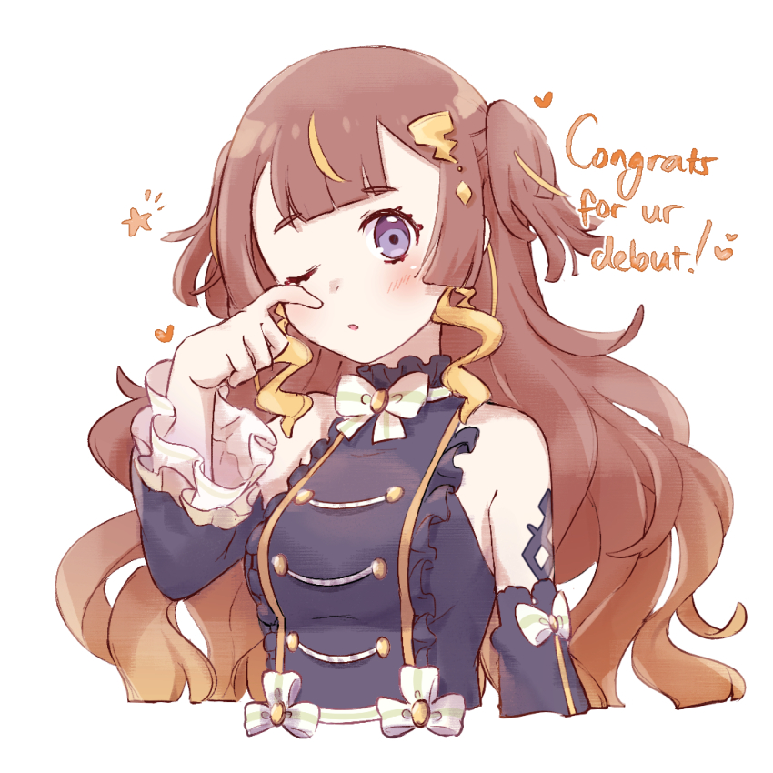 1girl, anya_melfissa, bare_shoulders, black_dress, black_sleeves, bow, breasts, brown_hair