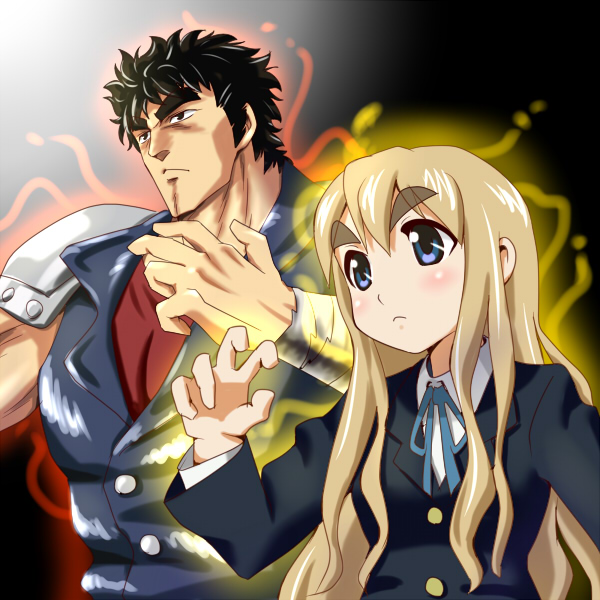 00s, 1boy, 1girl, armor, aura, bad_id, bad_pixiv_id, crossover, hokuto_no_ken, k-on!, kenshiro, kotobuki_tsumugi, look-alike, niconico_rpg, pauldrons, power-slide0, school_uniform, shoulder_armor, thick_eyebrows, trait_connection