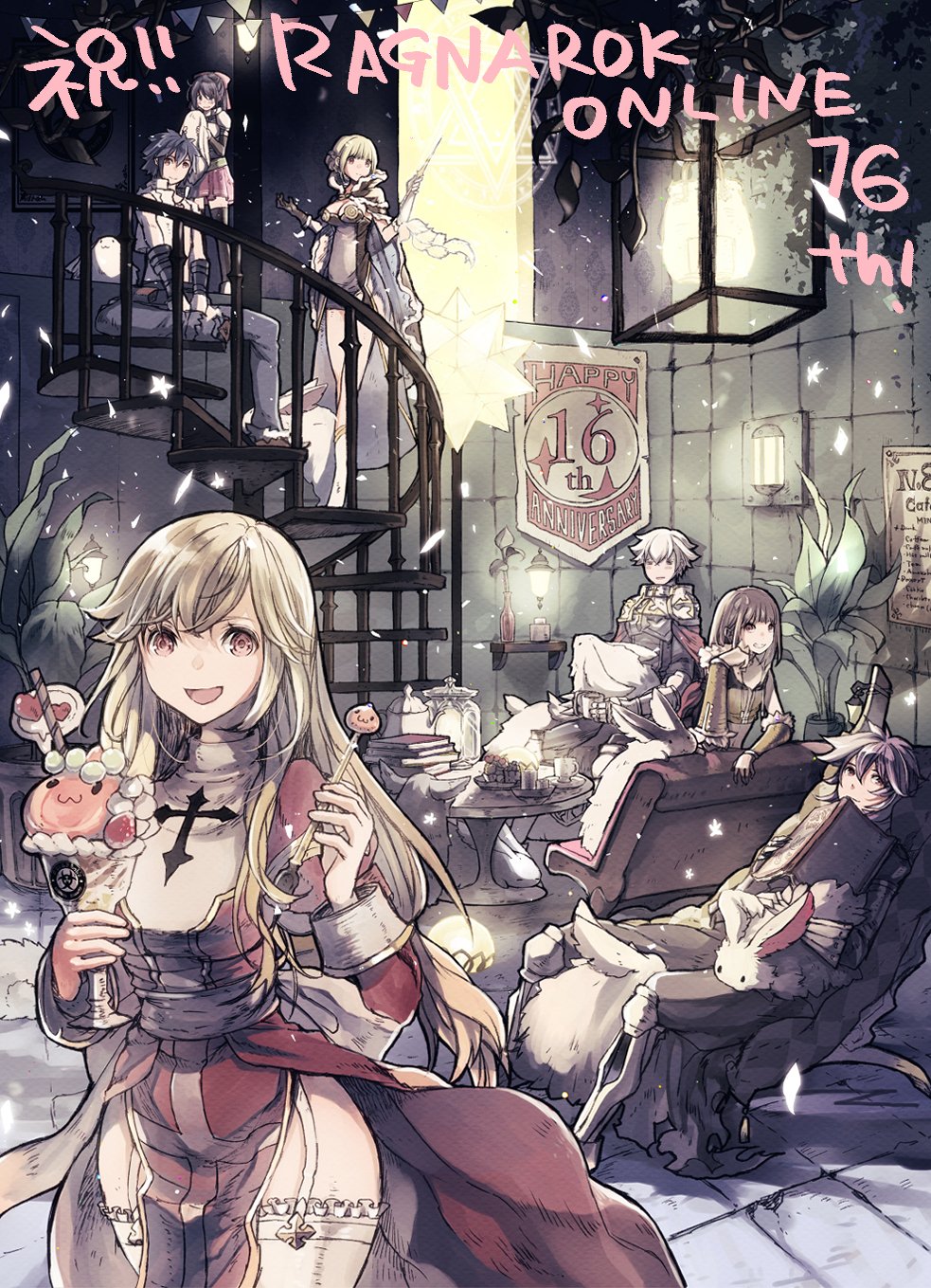 3boys, 4girls, :3, anniversary, armor, assassin_cross_(ragnarok_online), black_pants, blonde_hair