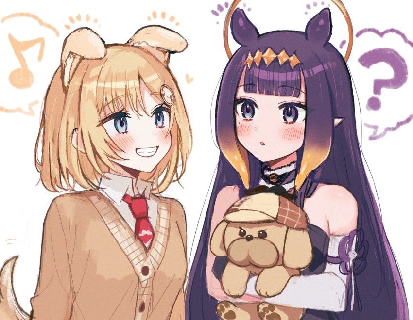 2girls, ?, animal_ears, bad_id, bad_twitter_id, blonde_hair, blue_eyes, blush, dog_ears, dog_tail, grin, highres, hololive, hololive_english, long_hair, looking_at_another, mole, mole_under_eye, multiple_girls, musical_note, necktie, ninomae_ina'nis, ninomae_ina'nis_(1st_costume), parted_lips, pointy_ears, purple_eyes, purple_hair, red_neckwear, short_hair, smile, speech_bubble, spoken_musical_note, spoken_question_mark, tail, tamawo_(mu_gi2), teeth, virtual_youtuber, watson_amelia