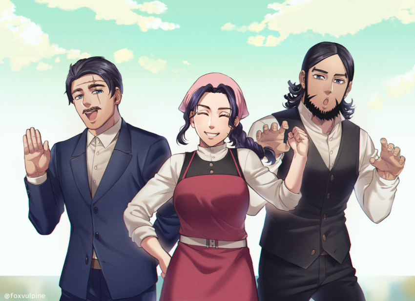 1girl, 2boys, :d, :o, apron, beard, black_eyes, black_hair