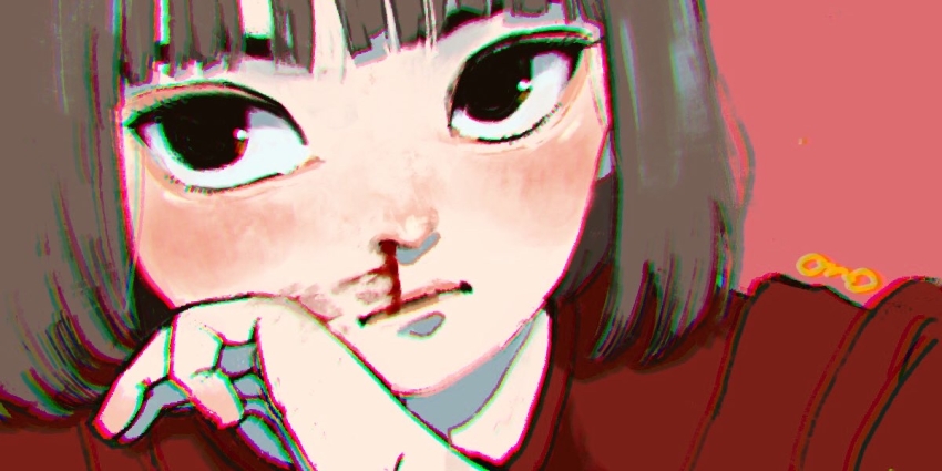 1girl, black_eyes, blood, blush, brown_hair, chromatic_aberration, female_focus, nosebleed