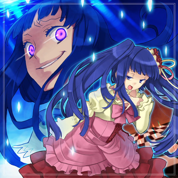 00s, 2girls, bad_id, bad_pixiv_id, blue_eyes, blue_hair, bow, dress