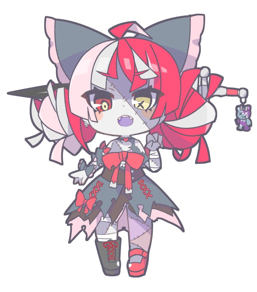 1girl, ahoge, black_bow, black_dress, bow, chibi, double_bun, dress, fangs, grey_hair, hair_bow, hair_bun, highres, hololive, hololive_indonesia, huge_bow, kureiji_ollie, looking_down, multicolored_hair, open_hand, open_mouth, oquri, pink_hair, red_bow, red_eyes, red_hair, solo, stitched_arm, stitched_face, stitched_leg, stitched_torso, stitches, symbol-shaped_pupils, virtual_youtuber, white_background, yellow_eyes