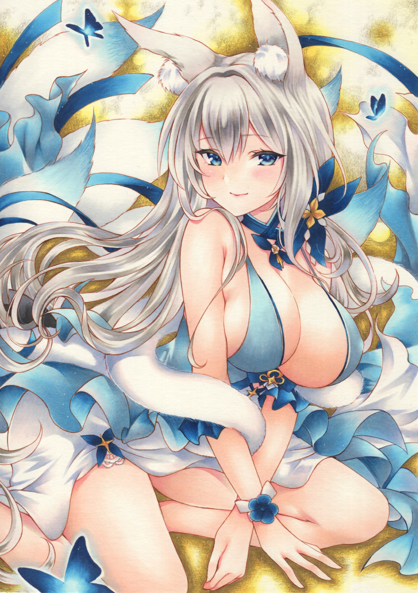 1girl, animal_ear_fluff, animal_ears, azur_lane, bare_shoulders, blue_butterfly, blue_collar, blue_dress