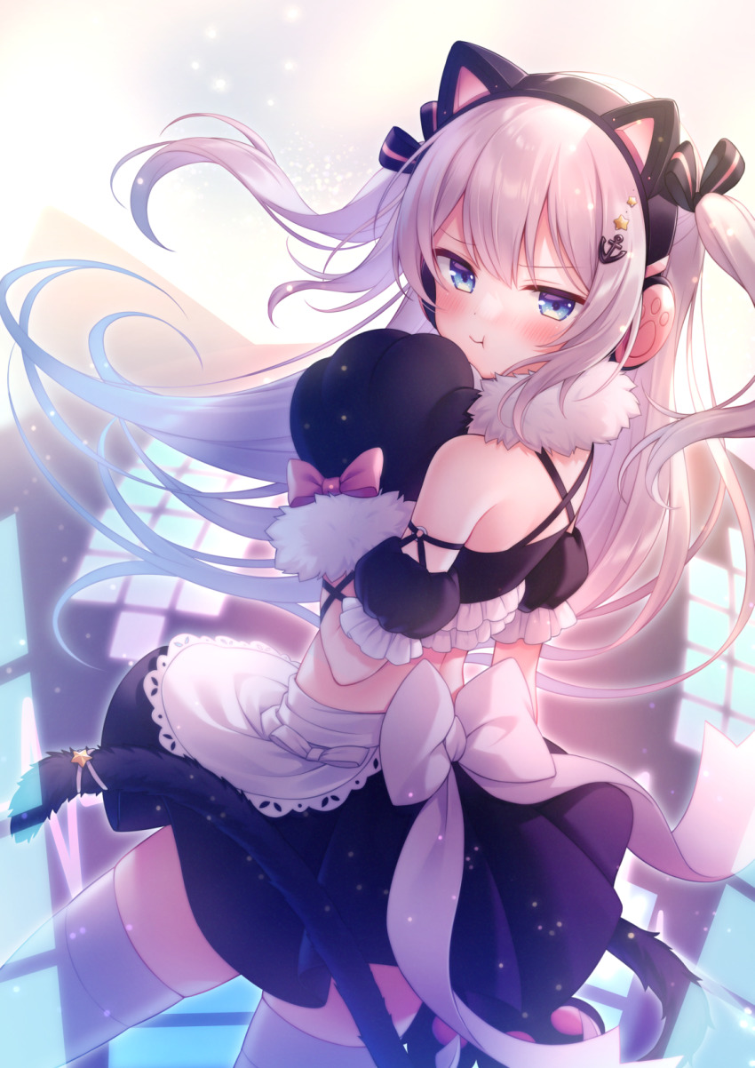 1girl, :t, amane_kurumi, anchor_hair_ornament, animal_ear_headphones, animal_ears, animal_hands, azur_lane