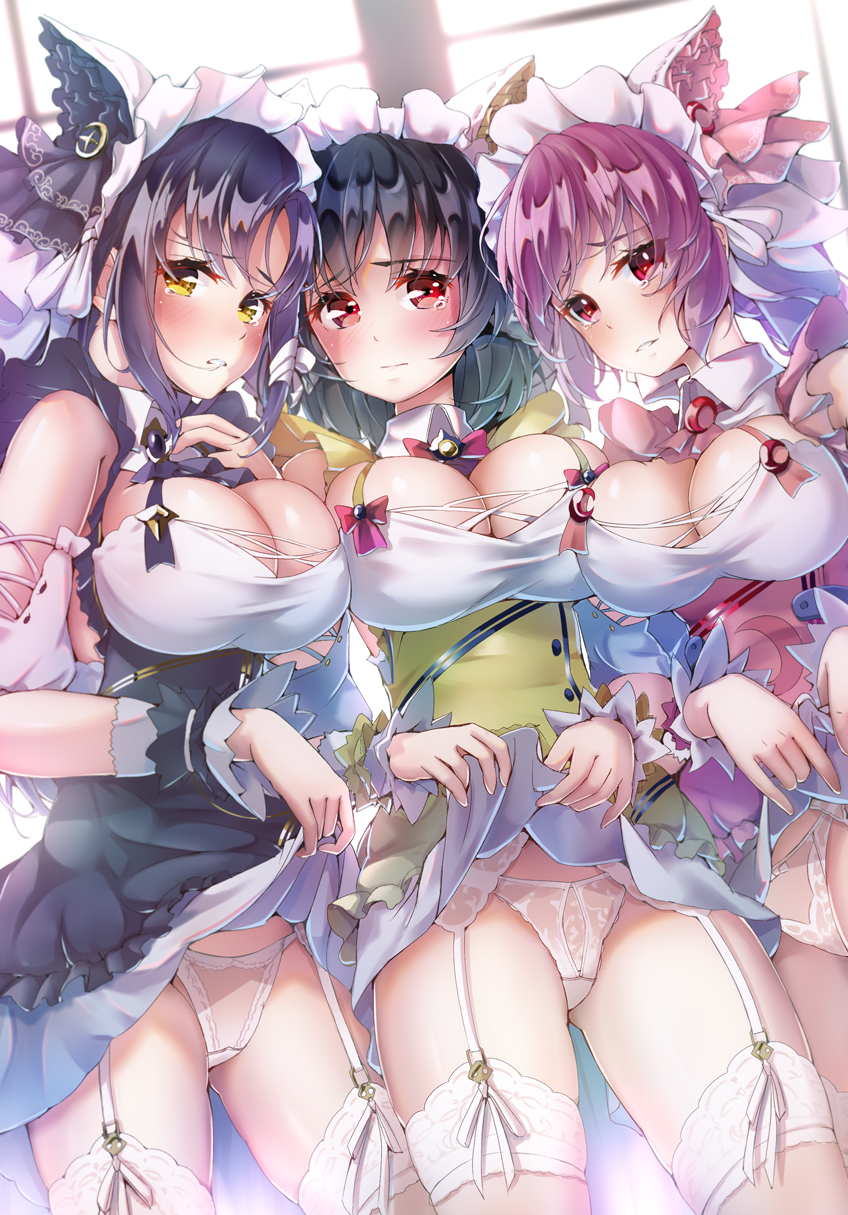 3girls, animal_ears, arashio_(azur_lane), arm_garter, azur_lane, blush, breasts, cheshire_(azur_lane)