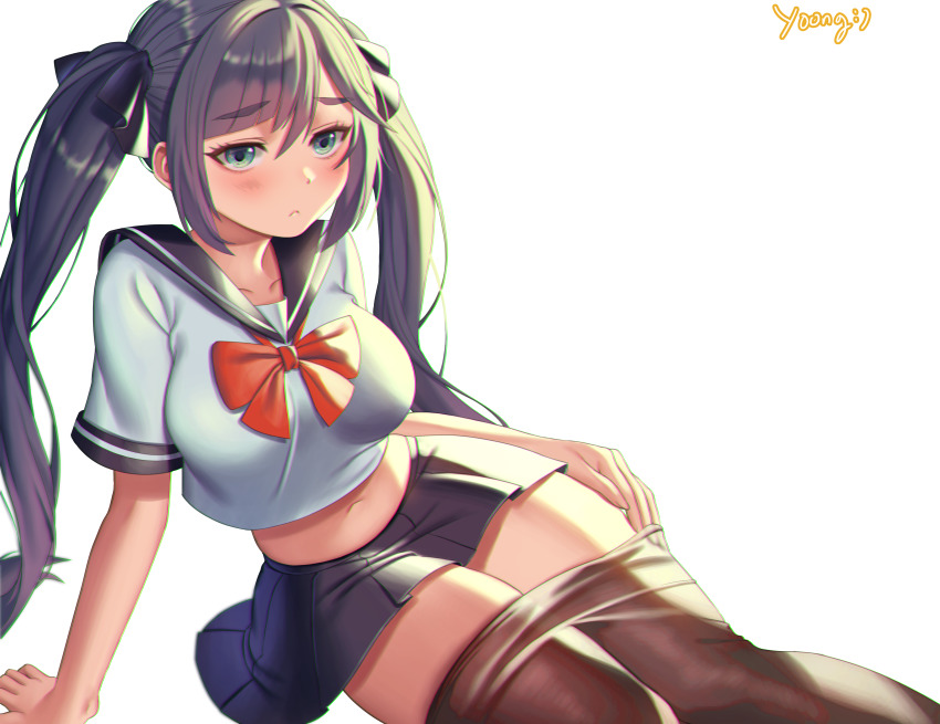 1girl, absurdres, artist_name, bad_id, bad_pixiv_id, black_pantyhose, blush, bow, bowtie, breasts, clothes_pull, full_body, genshin_impact, green_eyes, hair_ribbon, half-closed_eyes, highres, large_breasts, long_hair, midriff, mona_(genshin_impact), navel, newthi, pantyhose, pantyhose_pull, pleated_skirt, purple_hair, ribbon, school_uniform, serafuku, short_sleeves, skirt, solo, twintails, undressing