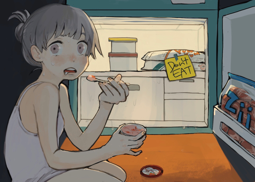 1girl, backlighting, caught, cup, disposable_cup, disposable_ice_cream_cup, eating, english_text