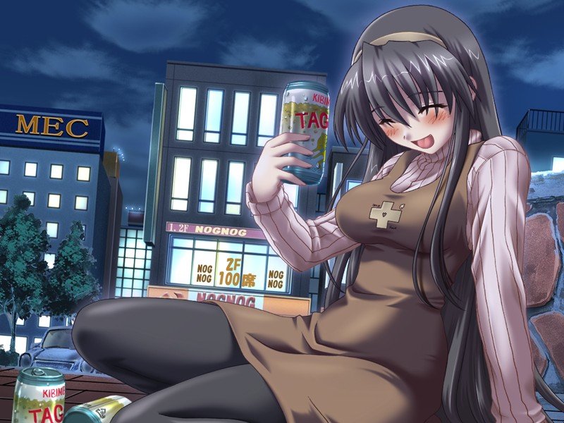 1girl, akishima_kanako, alcohol, arm_support, beer, blush, breasts, brown_hair, can, chocolat_maid_cafe_curio, closed_eyes, female_focus, game_cg, hairband, large_breasts, long_hair, nekonyan, open_mouth, pantyhose, solo