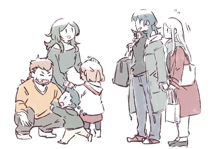 2boys, 4girls, alternate_costume, alternate_hairstyle, alternate_universe, bag, beard, betchan, black_bag, contemporary, edelgard_von_hresvelg, facial_hair, father_and_child, father_and_daughter, female_byleth_(fire_emblem), fire_emblem, fire_emblem:_three_houses, grandfather_and_granddaughter, grandfather_and_grandson, grandmother_and_granddaughter, grandmother_and_grandson, hand_on_another's_head, happy, holding_hands, husband_and_wife, if_they_mated, ips_cells, jacket, jeralt_reus_eisner, long_coat, mother_and_child, mother_and_daughter, mother_and_son, multiple_boys, multiple_girls, nintendo, parent_and_child, shopping_bag, sitri_eisner, white_bag, wife_and_wife