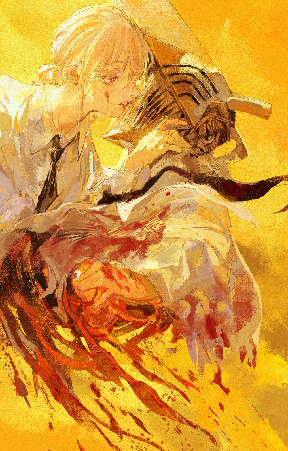 1girl, 2boys, alternate_form, blood, braid, chainsaw, chainsaw_man, collared_shirt