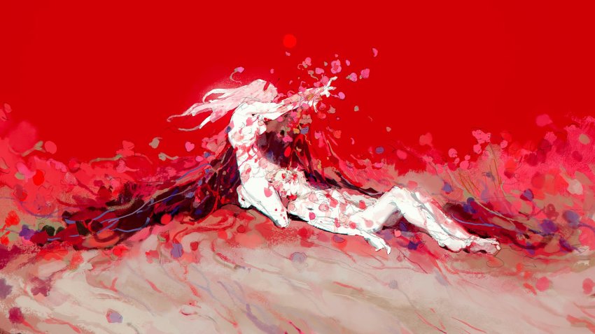 1boy, 1girl, artistic_nudity, blonde_hair, blood, chainsaw_man, denji_(chainsaw_man), disteeee, flower, highres, horns, lap_pillow, long_hair, lying, nude, pink_hair, power_(chainsaw_man), red_background