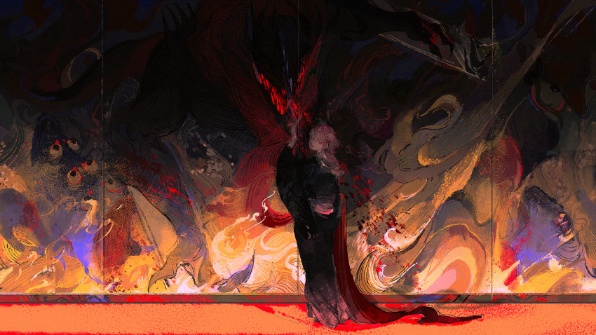 1girl, black_kimono, blood, braid, chainsaw_man, disteeee, highres, japanese_clothes, kimono, long_hair, makima_(chainsaw_man), nail_polish, ponytail, red_eyes, solo