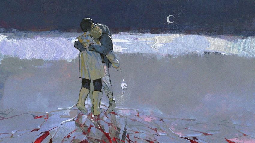 2boys, black_hair, blonde_hair, blood, blue_coat, blue_jacket, chainsaw_man, coat, crack, crescent_moon, denji_(chainsaw_man), disteeee, dropping, hayakawa_aki, hood, hood_down, hug, ice, jacket, long_sleeves, moon, multiple_boys, short_hair, three-quarter_sleeves, snow, snowball, white_coat, white_jacket