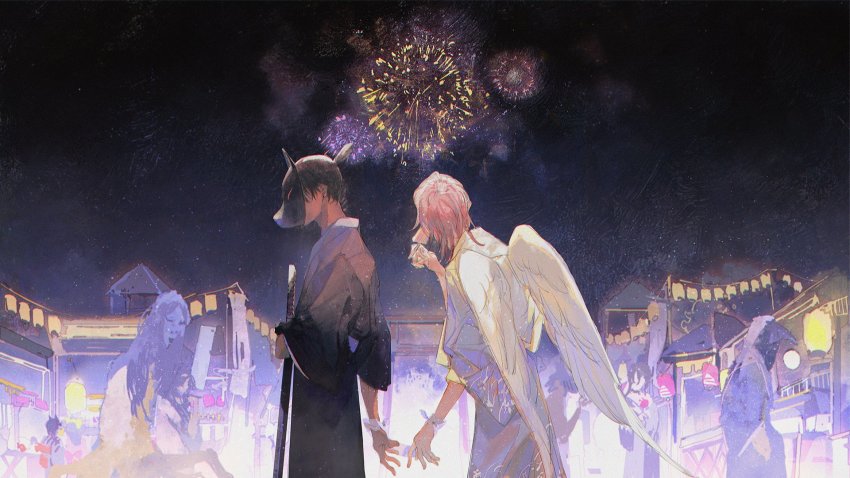 1girl, 1other, 3boys, angel_devil_(chainsaw_man), angel_wings, beam_(chainsaw_man), black_hair, black_kimono