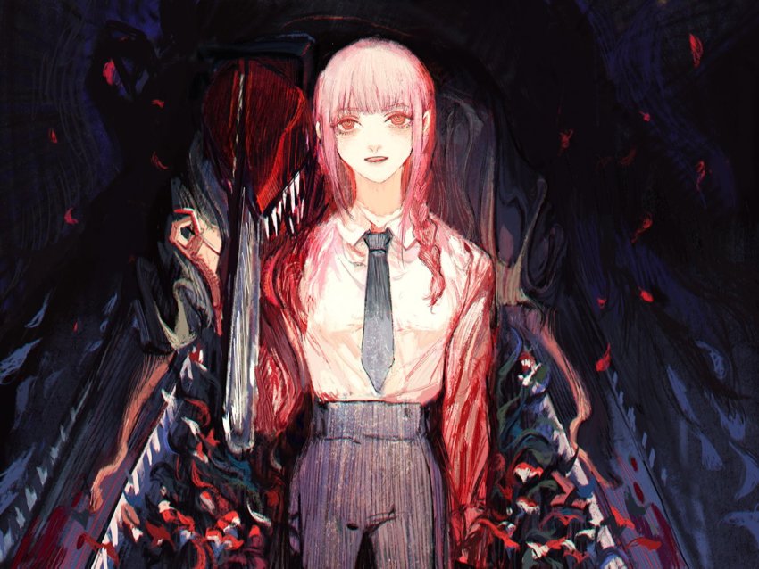 1boy, 1girl, alternate_form, black_pants, braid, brown_hair, chainsaw, chainsaw_man