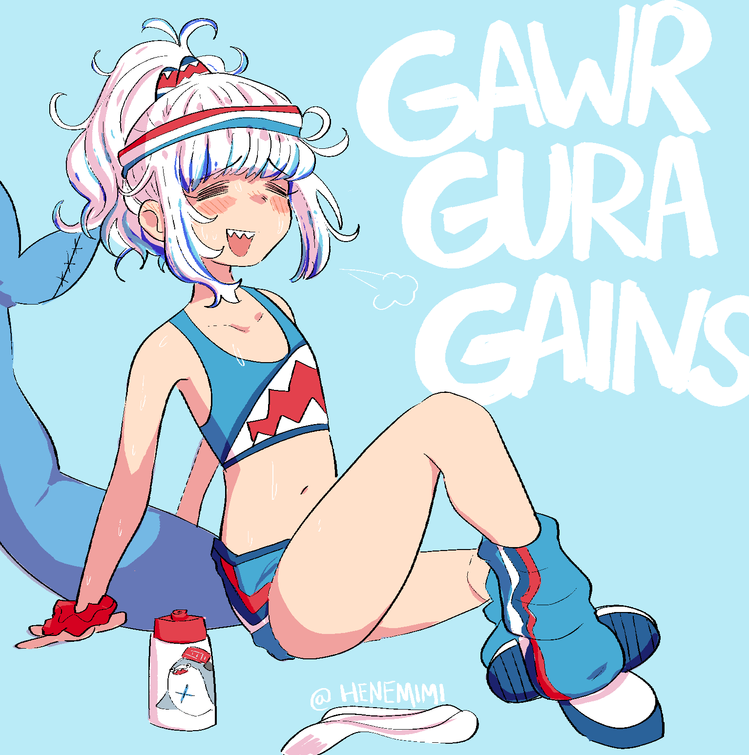 adapted_costume, bloop_(gawr_gura), blue_eyes, blue_hair, bottle, bra, fins, fish_tail, flat_chest, gawr_gura, gym_shorts, headband, henemimi, highres, hololive, hololive_english, loose_socks, medium_hair, multicolored_hair, navel, ponytail, shark_tail, sharp_teeth, shorts, silver_hair, socks, sports_bra, streaked_hair, sweat, tail, teeth, training_bra, twitter_username, underwear, virtual_youtuber, water_bottle