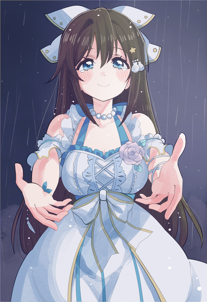 1girl, anata_no_risou_no_heroine, arm_garter, blue_eyes, blush, bow, breasts, brown_hair, closed_mouth, collarbone, corsage, cowboy_shot, cream_(nipakupa), cross-laced_clothes, dress, dress_flower, flower, hair_between_eyes, hair_bow, hair_ornament, halterneck, jewelry, long_hair, looking_at_viewer, love_live!, love_live!_nijigasaki_high_school_idol_club, necklace, osaka_shizuku, outstretched_arms, pearl_necklace, rain, reaching, reaching_towards_viewer, rose, shell, shell_hair_ornament, sidelocks, sleeveless, sleeveless_dress, smile, solo, star_(symbol), star_hair_ornament, tearing_up, white_dress