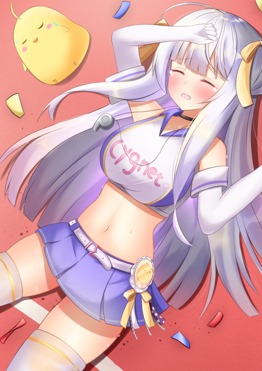 1girl, absurdres, aihara_kazushi, azur_lane, bare_shoulders, belt, black_choker, breasts, cheerleader, choker, cygnet_(azur_lane), cygnet_(royal_fanfare)_(azur_lane), elbow_gloves, closed_eyes, gloves, hair_ribbon, highres, large_breasts, lying, manjuu_(azur_lane), midriff, miniskirt, on_back, purple_skirt, ribbon, shirt, skindentation, skirt, sleeveless, sleeveless_shirt, solo, sweat, thighhighs, two-tone_shirt, whistle, whistle_around_neck, white_belt, white_gloves, white_thighhighs, yellow_ribbon