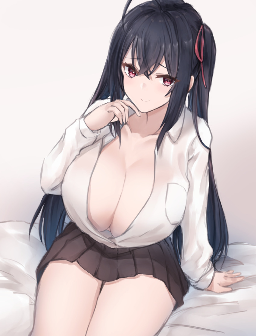1girl, ahoge, azur_lane, black_hair, black_skirt, breasts, commission, hair_between_eyes