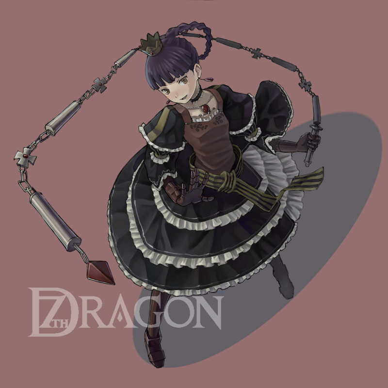 1girl, 7th_dragon, 7th_dragon_(series), alusha_(7th_dragon), armor, blush, braid, brown_eyes, choker, crown, dress, earrings, female_focus, gauntlets, greaves, jewelry, long_hair, metalinu, necklace, princess_(7th_dragon), purple_hair, solo, whip