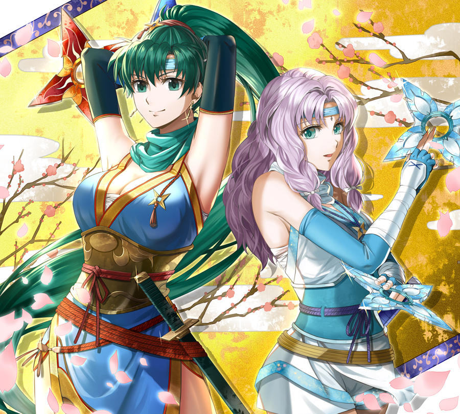 2girls, alternate_costume, bare_shoulders, blue_eyes, breasts, cherry_blossoms, cleavage, delsaber