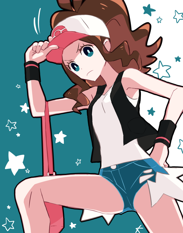 1girl, bag, baseball_cap, black_vest, blue_background, blue_eyes, blue_shorts, brown_hair