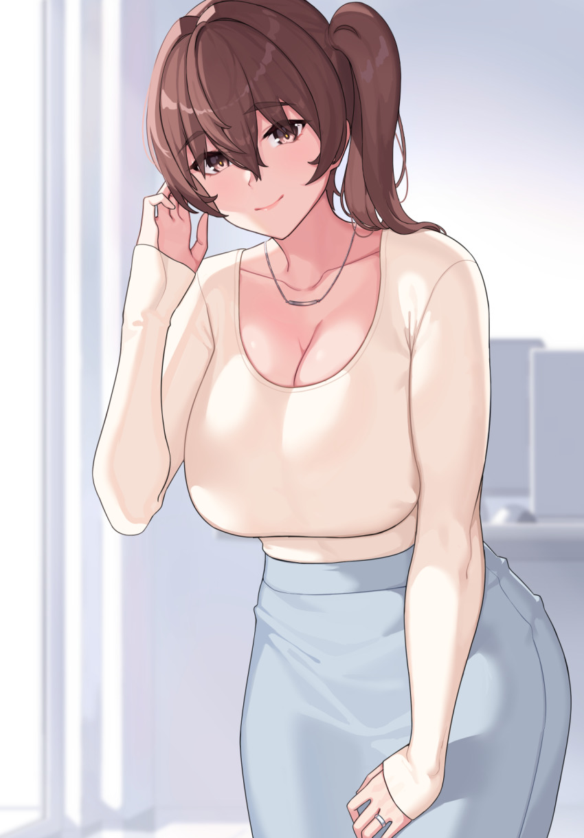 1girl, alternate_costume, blouse, breasts, brown_eyes, brown_hair, casual, cleavage