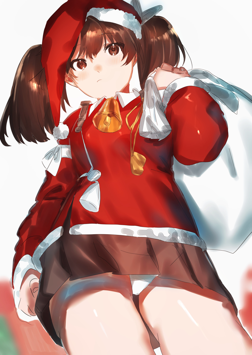 1girl, absurdres, bad_id, bad_twitter_id, bell, brown_eyes, brown_hair, brown_skirt