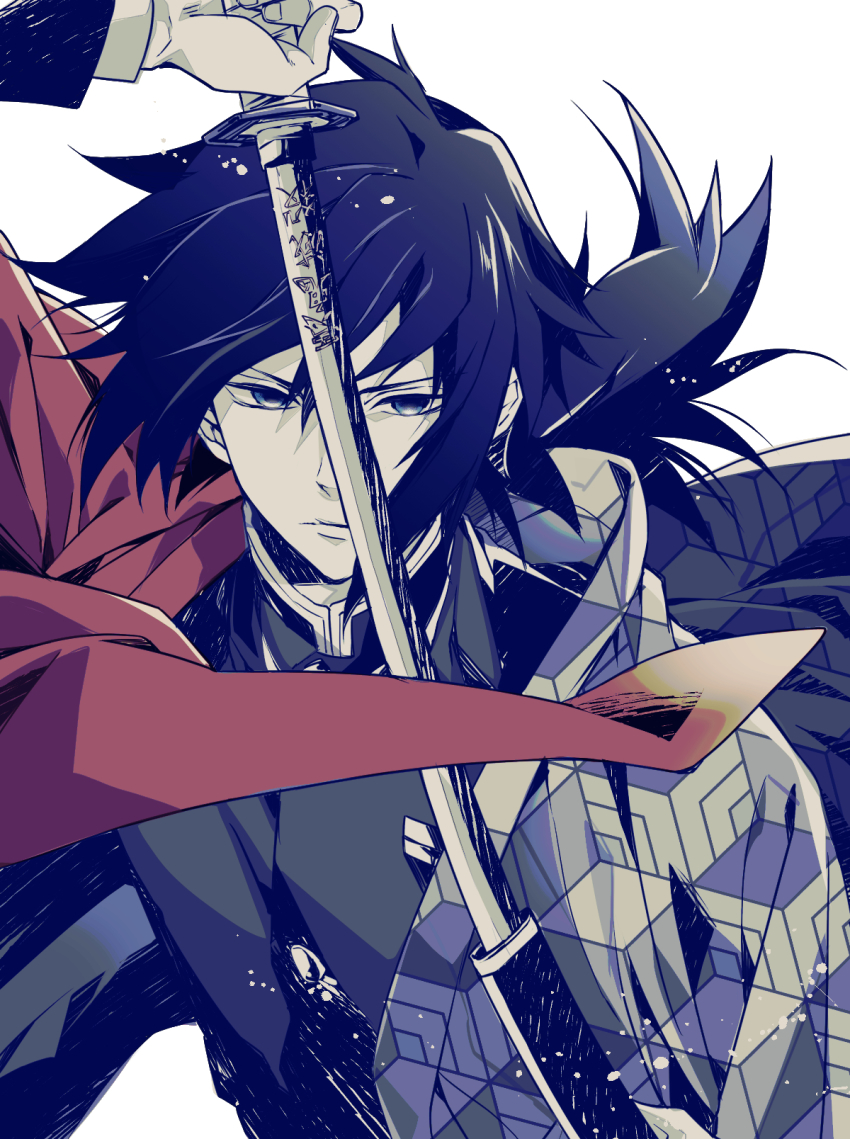 1boy, arm_up, black_hair, black_jacket, blue_eyes, closed_mouth, hair_between_eyes, haori