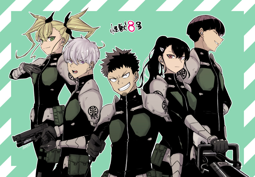 2girls, 3boys, armor, ashiro_mina, black_bodysuit, black_gloves, black_hair, black_ribbon, blonde_hair, bodysuit, brown_eyes, closed_eyes, closed_mouth, copyright_name, eyes_visible_through_hair, facial_hair, glock, gloves, goatee, green_background, green_eyes, grin, gun, hair_ribbon, hand_up, handgun, hibino_kafka, high_ponytail, highres, holding, holding_gun, holding_knife, holding_weapon, hoshina_soshiro, ichikawa_reno, kaijuu_no._8, knife, long_hair, looking_at_viewer, mole, mole_under_eye, multiple_boys, multiple_girls, nogizi, open_mouth, pistol, ponytail, pouch, profile, purple_eyes, reverse_grip, ribbon, sanpaku, shinomiya_kikoru, short_hair, shoulder_armor, smile, standing, twintails, twitter_username, upper_body, v-shaped_eyebrows, vambraces, weapon, white_hair