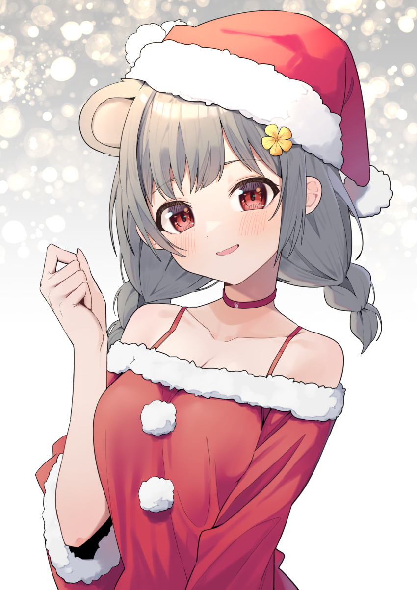1girl, :d, absurdres, animal_ear_fluff, animal_ears, bare_shoulders, beanie, bear_ears, blush, braid, breasts, choker, cleavage, collarbone, commission, dress, flower, fur-trimmed_dress, fur-trimmed_headwear, fur-trimmed_sleeves, fur_trim, gradient_background, grey_background, hair_flower, hair_ornament, hat, head_tilt, highres, indie_virtual_youtuber, long_hair, long_sleeves, looking_at_viewer, medium_breasts, mixed-language_commentary, open_mouth, pixiv_commission, pom_pom_(clothes), pom_pom_beanie, red_choker, red_dress, red_eyes, red_hat, santa_costume, santa_hat, silver_hair, smile, solo, syhan, twin_braids, upper_body, virtual_youtuber, yellow_flower, yuuka_bear