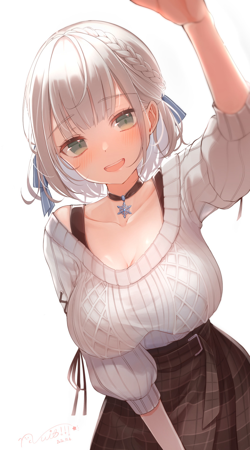 1girl, :q, absurdres, arm_up, belt, black_choker, black_skirt, blue_ribbon, blush, braid, breasts, choker, cleavage, cross-laced_clothes, cross-laced_sleeves, green_eyes, hair_ribbon, half_up_braid, high-waist_skirt, highres, hololive, large_breasts, long_sleeves, looking_at_viewer, md5_mismatch, pov, resolution_mismatch, ribbed_sweater, ribbon, shirogane_noel, shirogane_noel_(casual), shirohato_nui, short_hair, silver_hair, simple_background, skirt, smile, snowflake_choker, solo, source_smaller, sweater, teeth, tongue, tongue_out, upper_teeth_only, virtual_youtuber, white_background, white_sweater