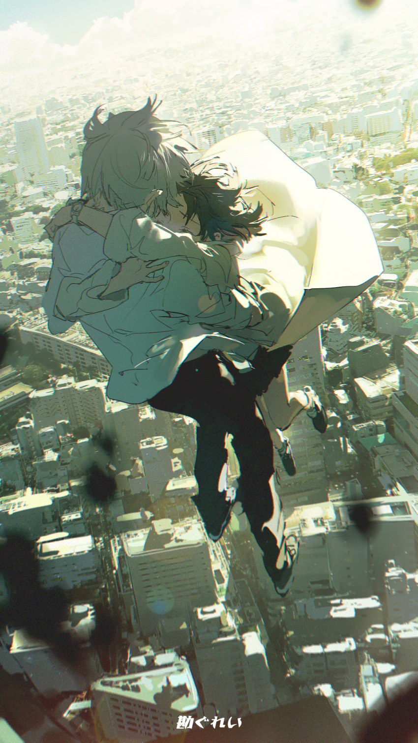 1boy, 1girl, black_hair, building, closed_eyes, coat, commentary, compass, couple, falling, floating, hetero, highres, outdoors, rella, short_hair, skirt, translated, trench_coat, white_hair, wrist_compass, zutto_mayonaka_de_ii_no_ni