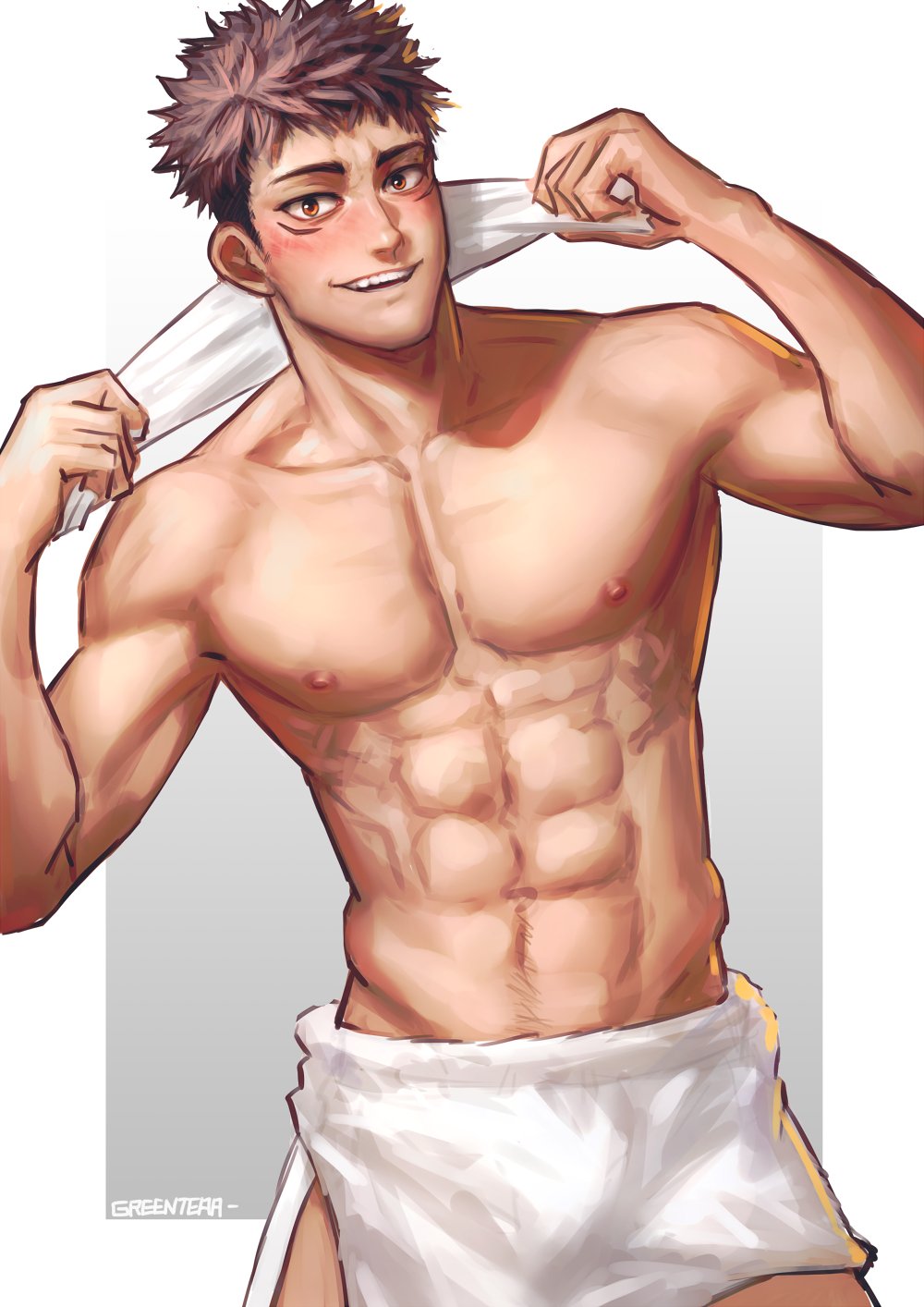 1boy, abs, bara, blush, brown_hair, bulge, cowboy_shot, facial_mark, greenteaa, highres, itadori_yuji, jujutsu_kaisen, looking_at_viewer, male_focus, naked_towel, navel, nipples, pectorals, pink_hair, short_hair, smile, solo, spiked_hair, toned, toned_male, topless_male, towel, towel_around_neck, towel_around_waist, undercut
